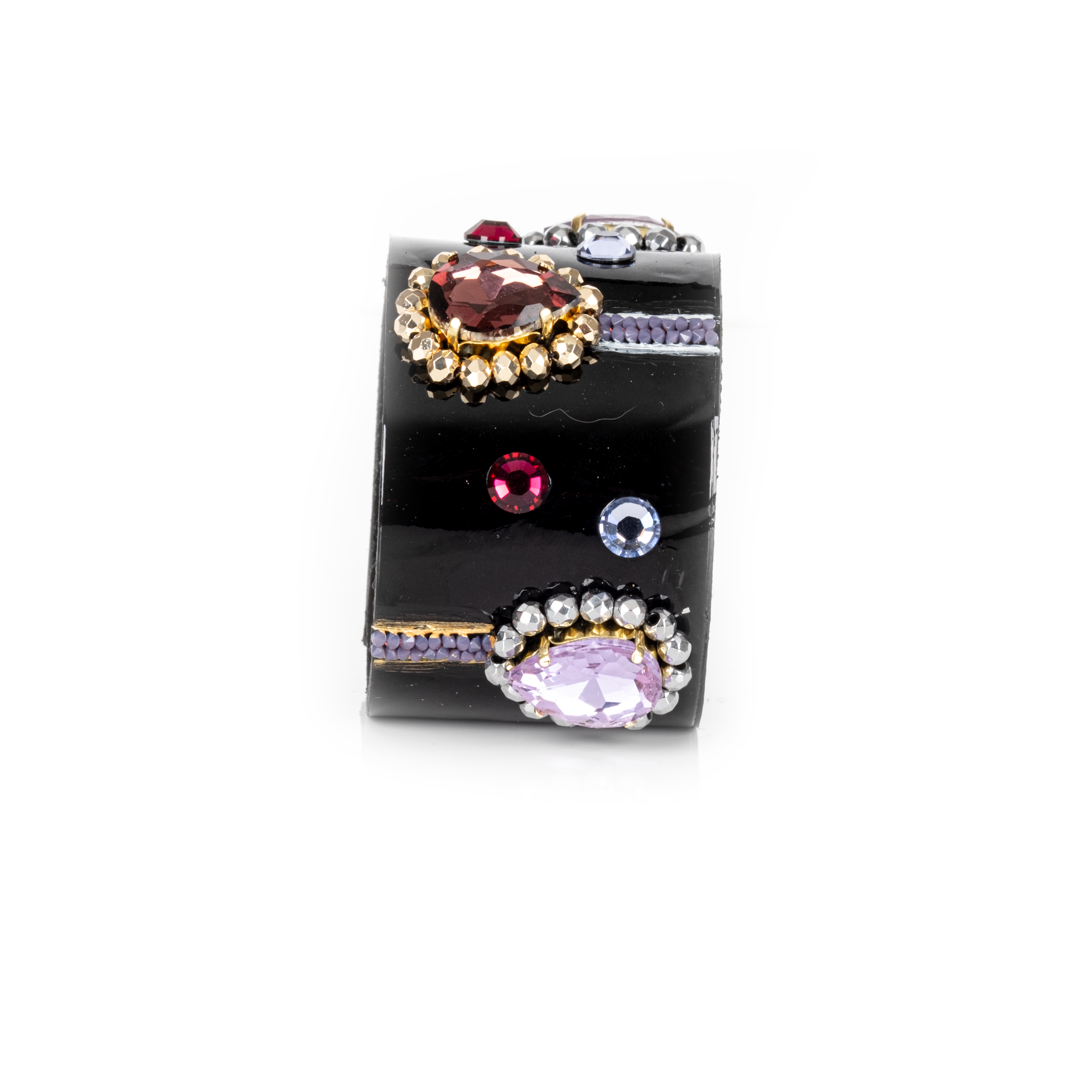Black leather cuff bracelet with multicolor crystals and oval faceted stones, gold embellished wide statement bracelet for women