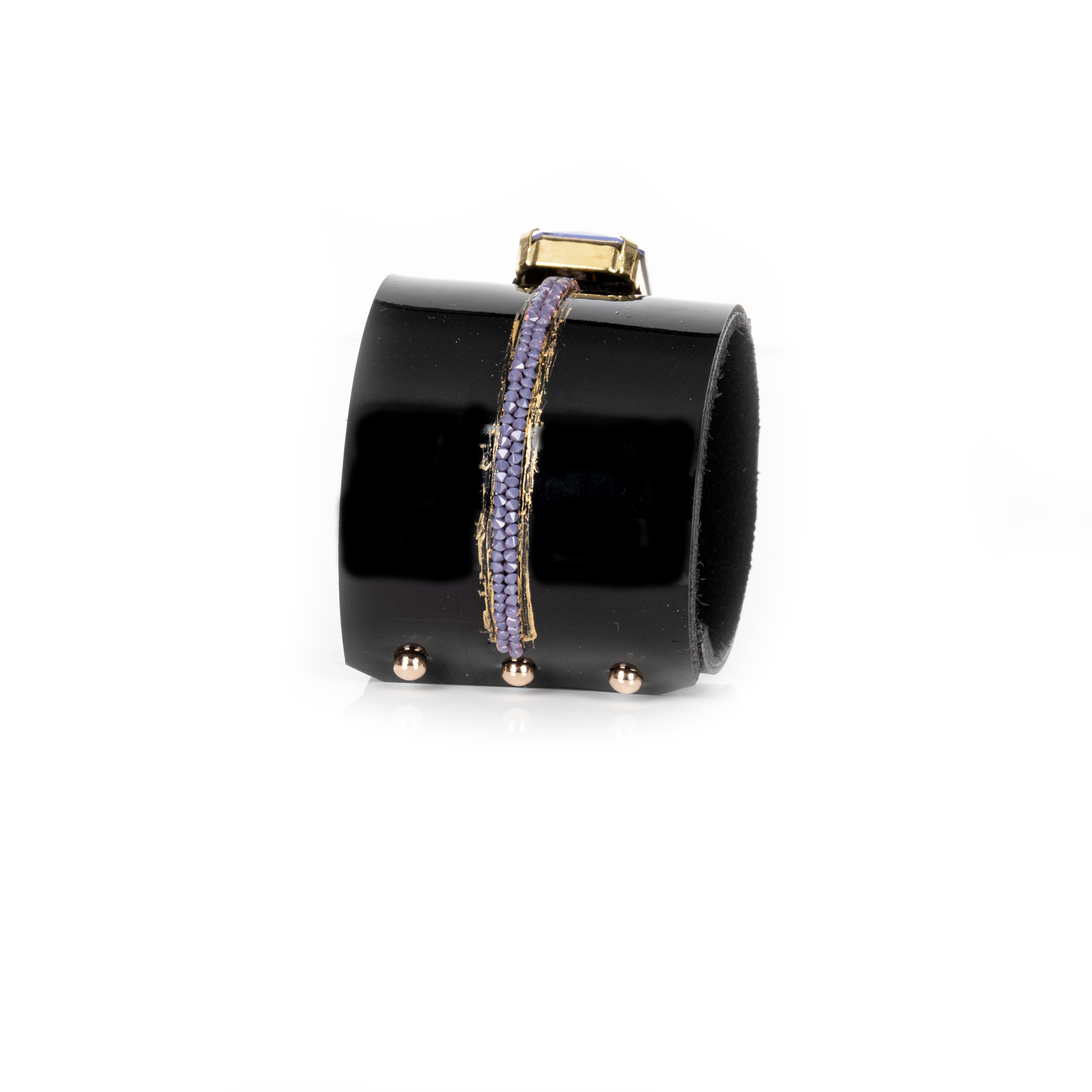Black Leather Crystal Cuff Bracelet with Blue Stone