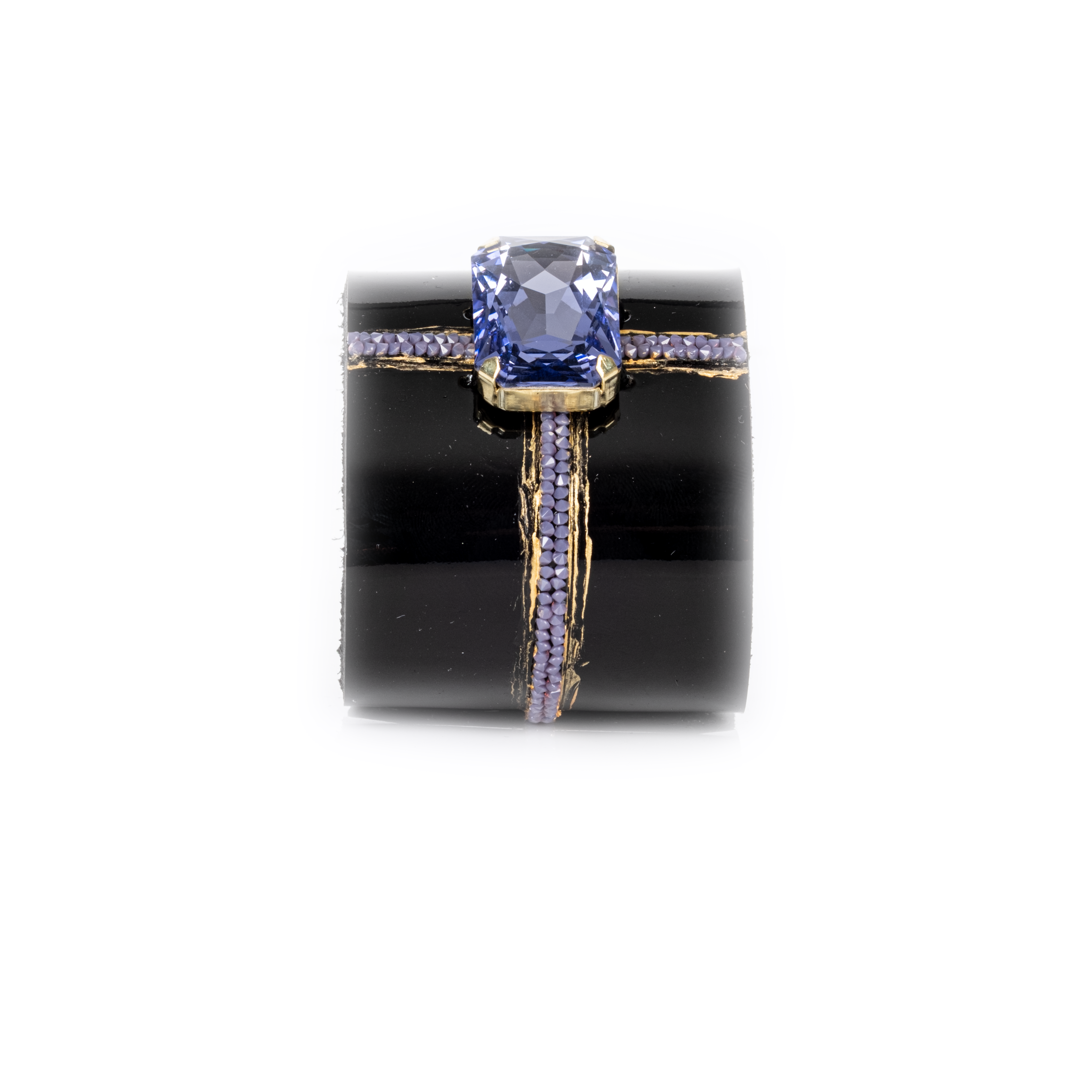 Black Leather Crystal Cuff Bracelet with Blue Stone