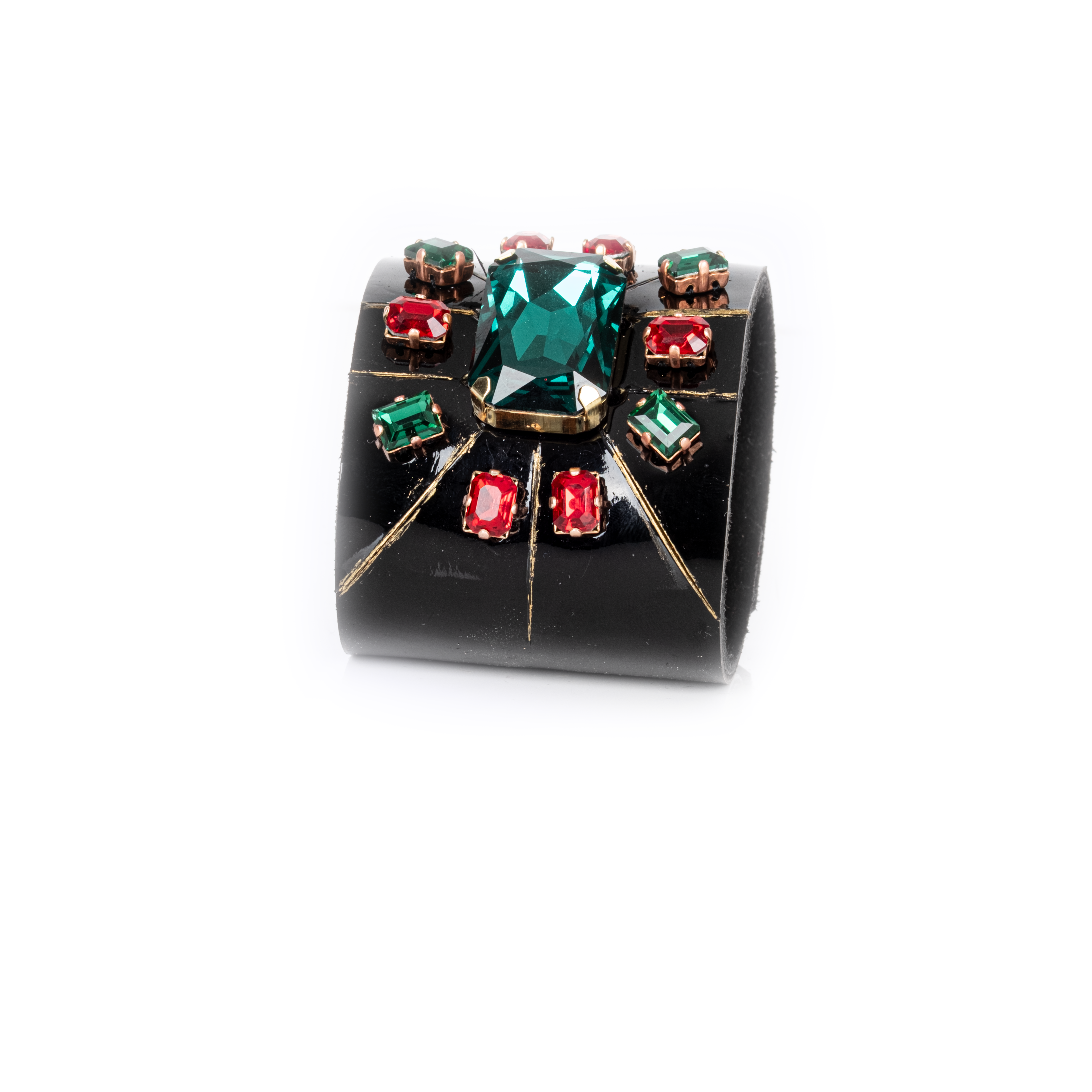 Black leather cuff bracelet with green center crystal and red gemstone accents, gold geometric statement bracelet for women