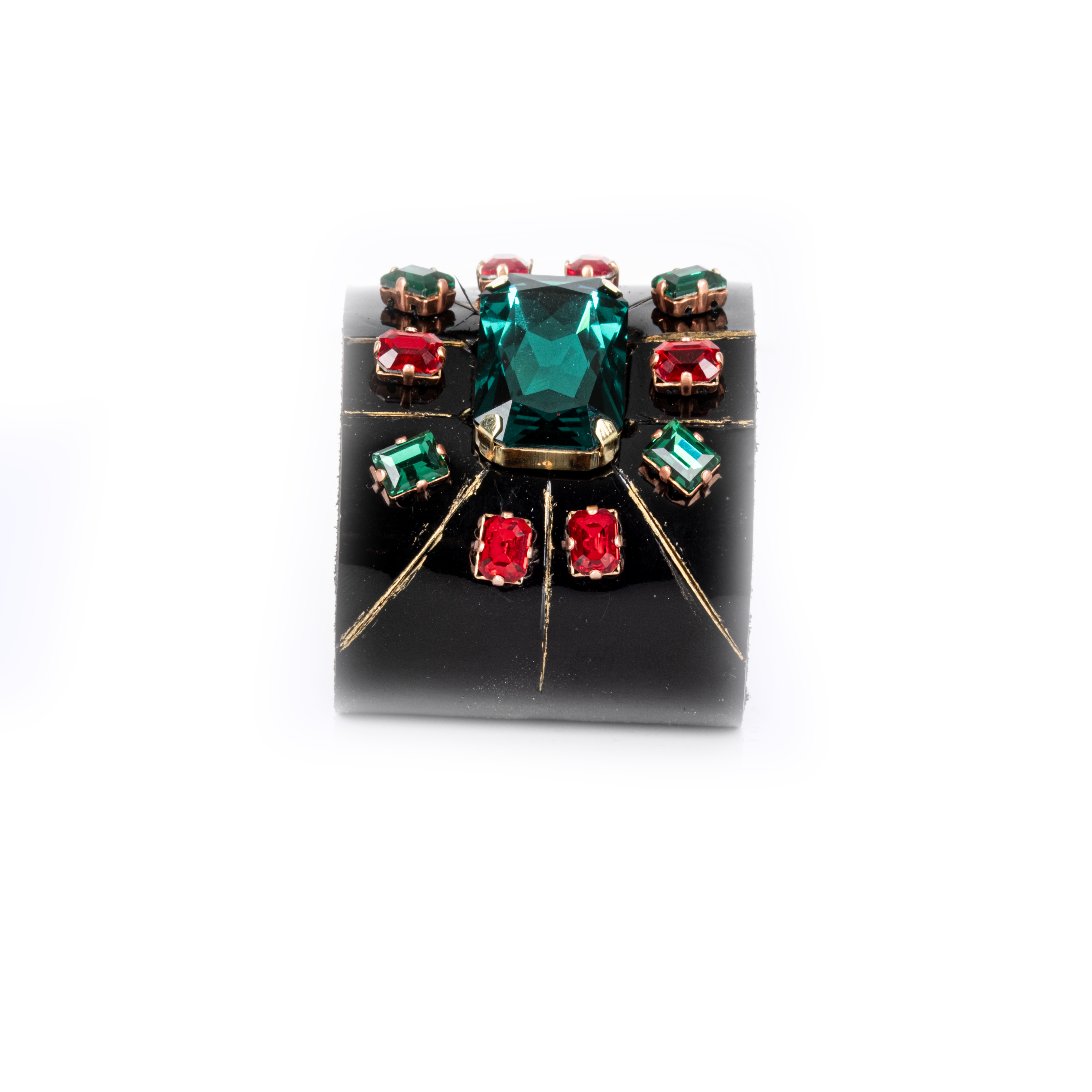 Black leather cuff bracelet with green center crystal and red gemstone accents, gold geometric statement bracelet for women