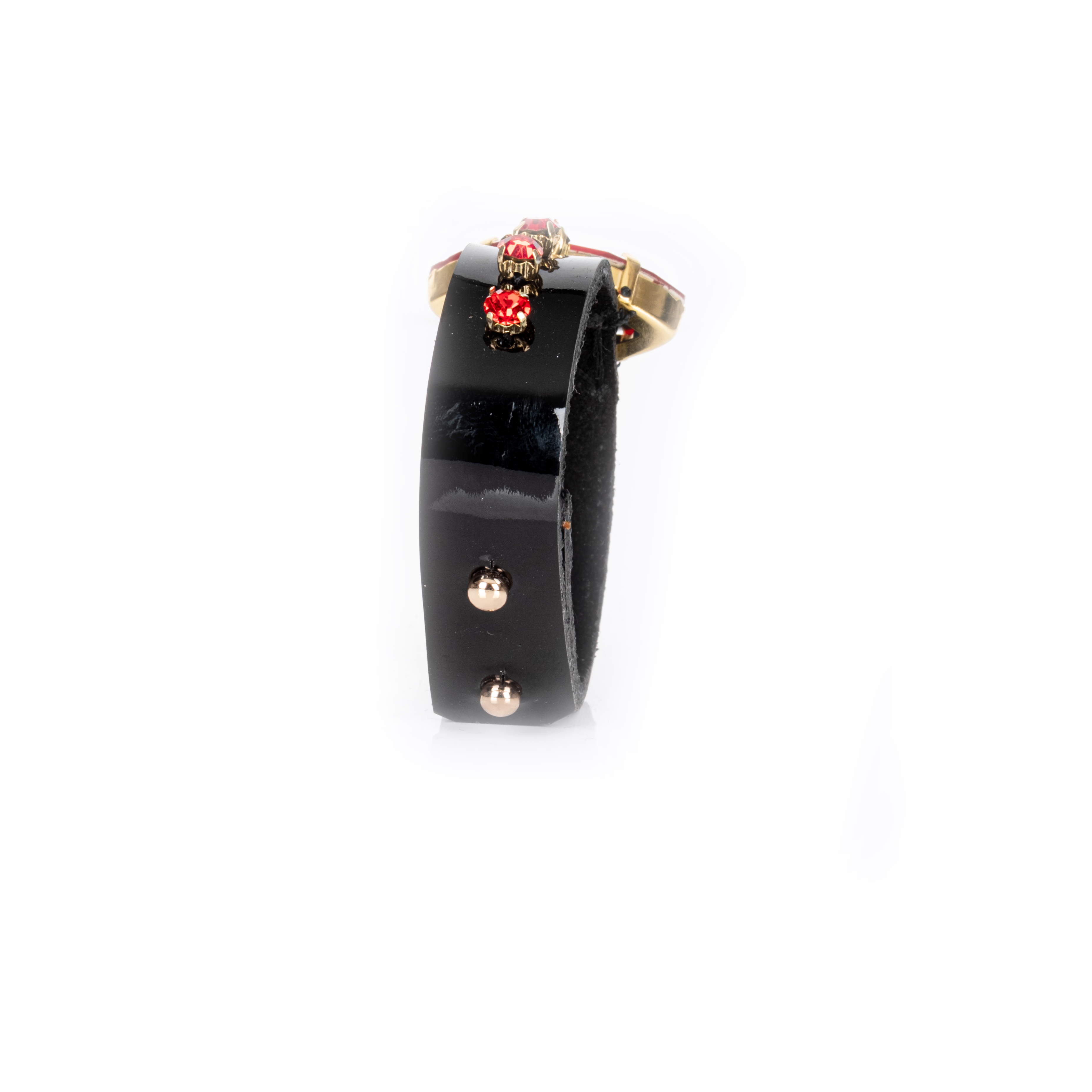 Black leather cuff bracelet with large red crystal and small red gemstone accents, gold setting statement bracelet for women