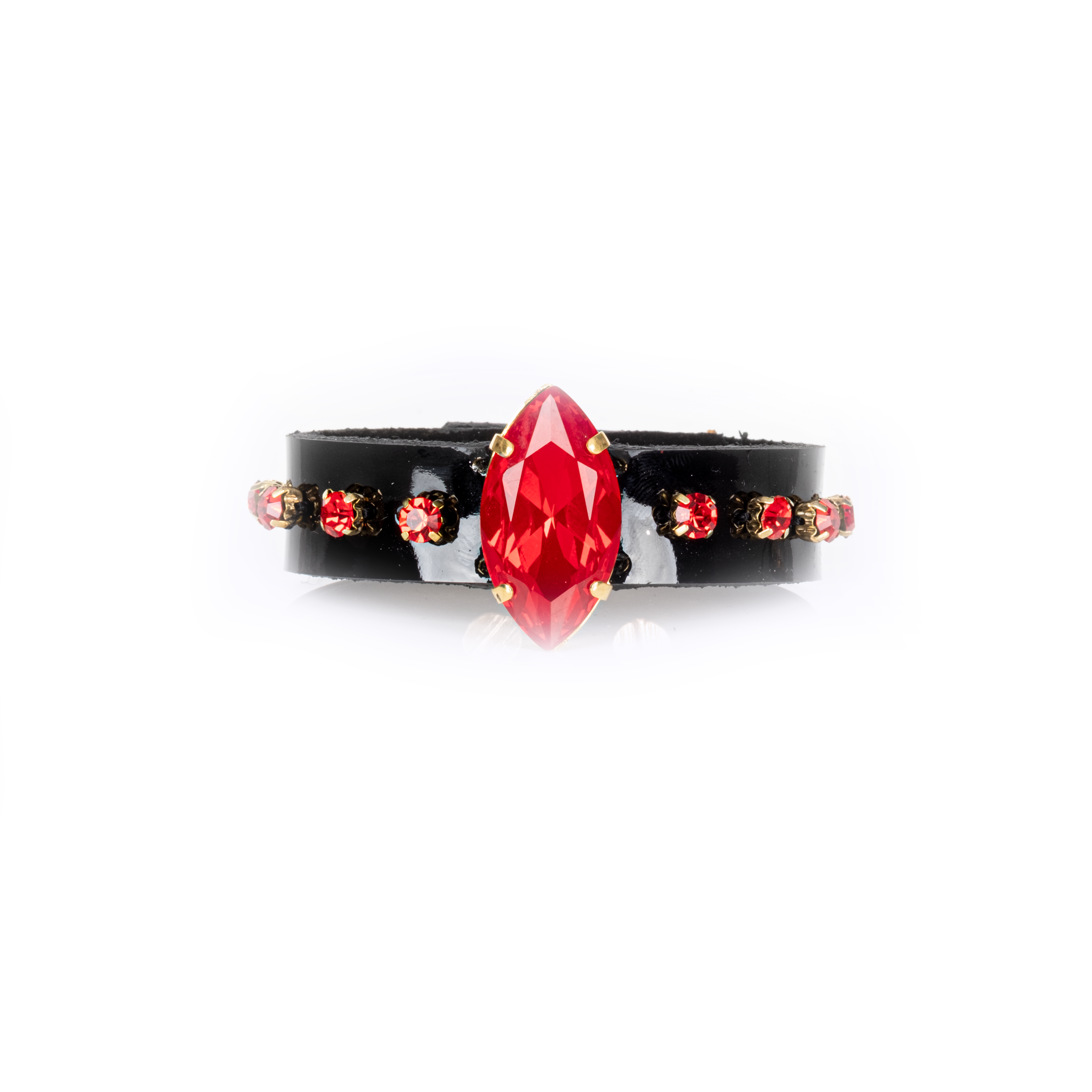 Black leather cuff bracelet with large red crystal and small red gemstone accents, gold setting statement bracelet for women