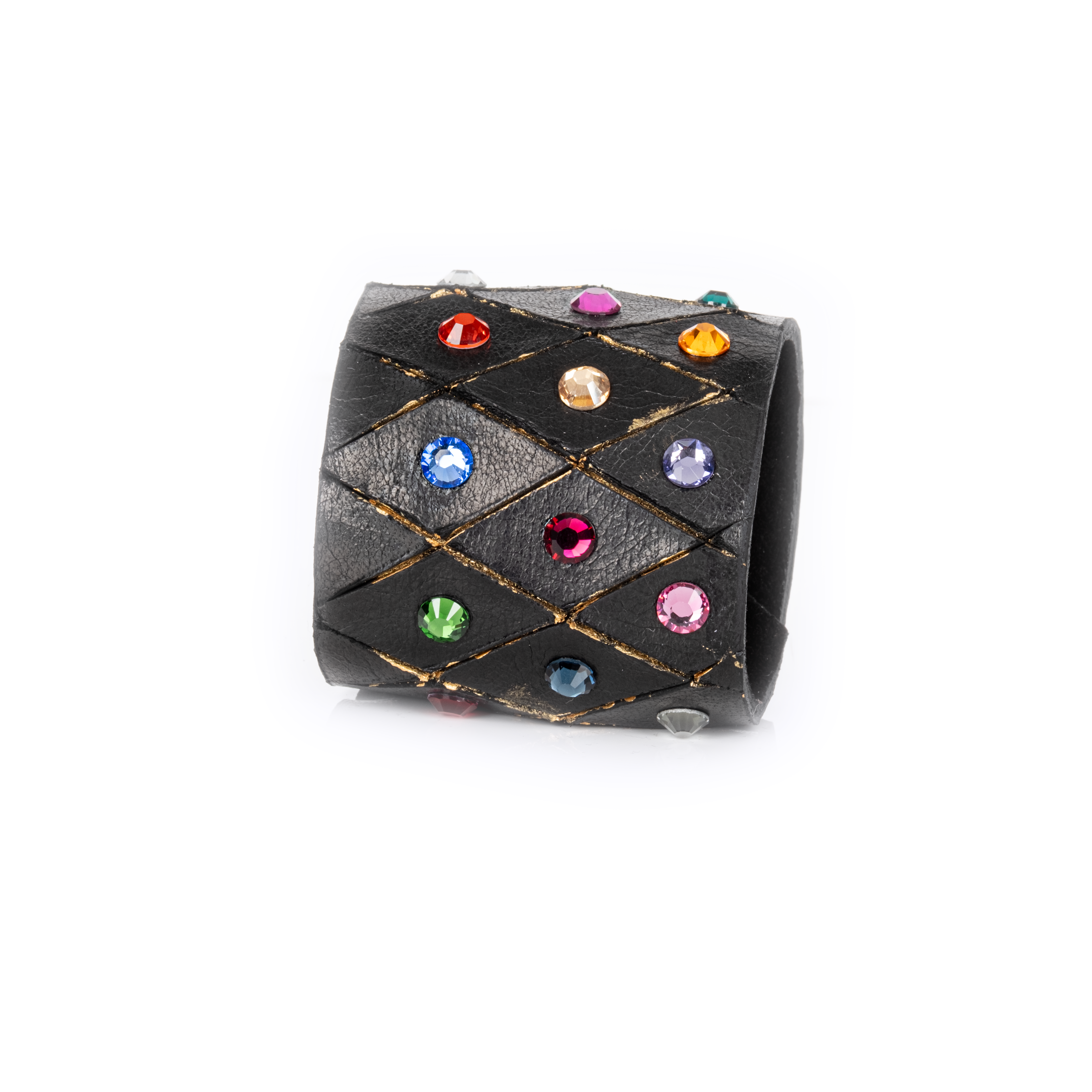 Black leather cuff bracelet with multicolor crystals and geometric stitched pattern, wide statement bracelet for women