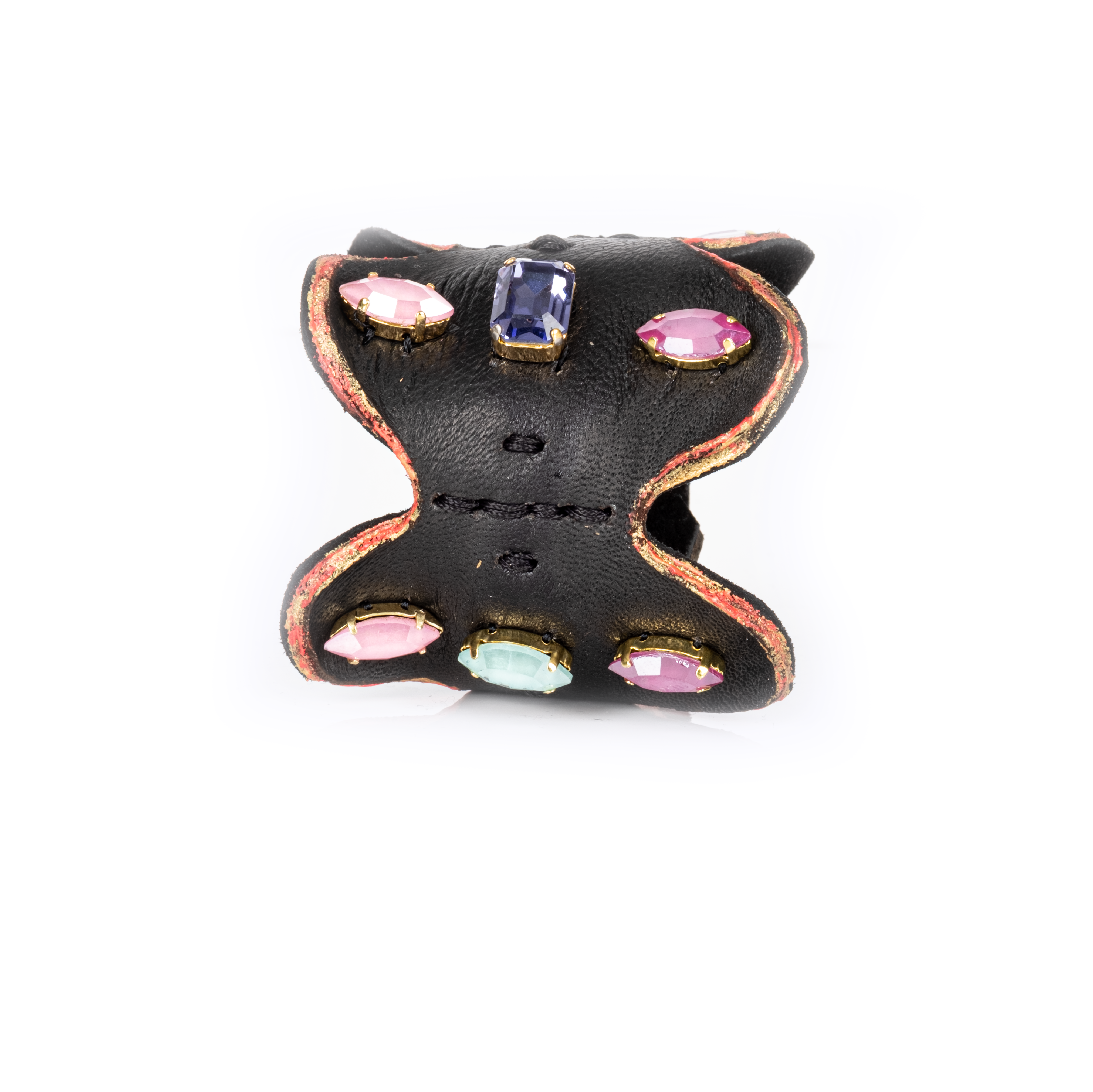 Black leather butterfly cuff bracelet with multicolor crystals and pink accents, sculptural statement bracelet for women