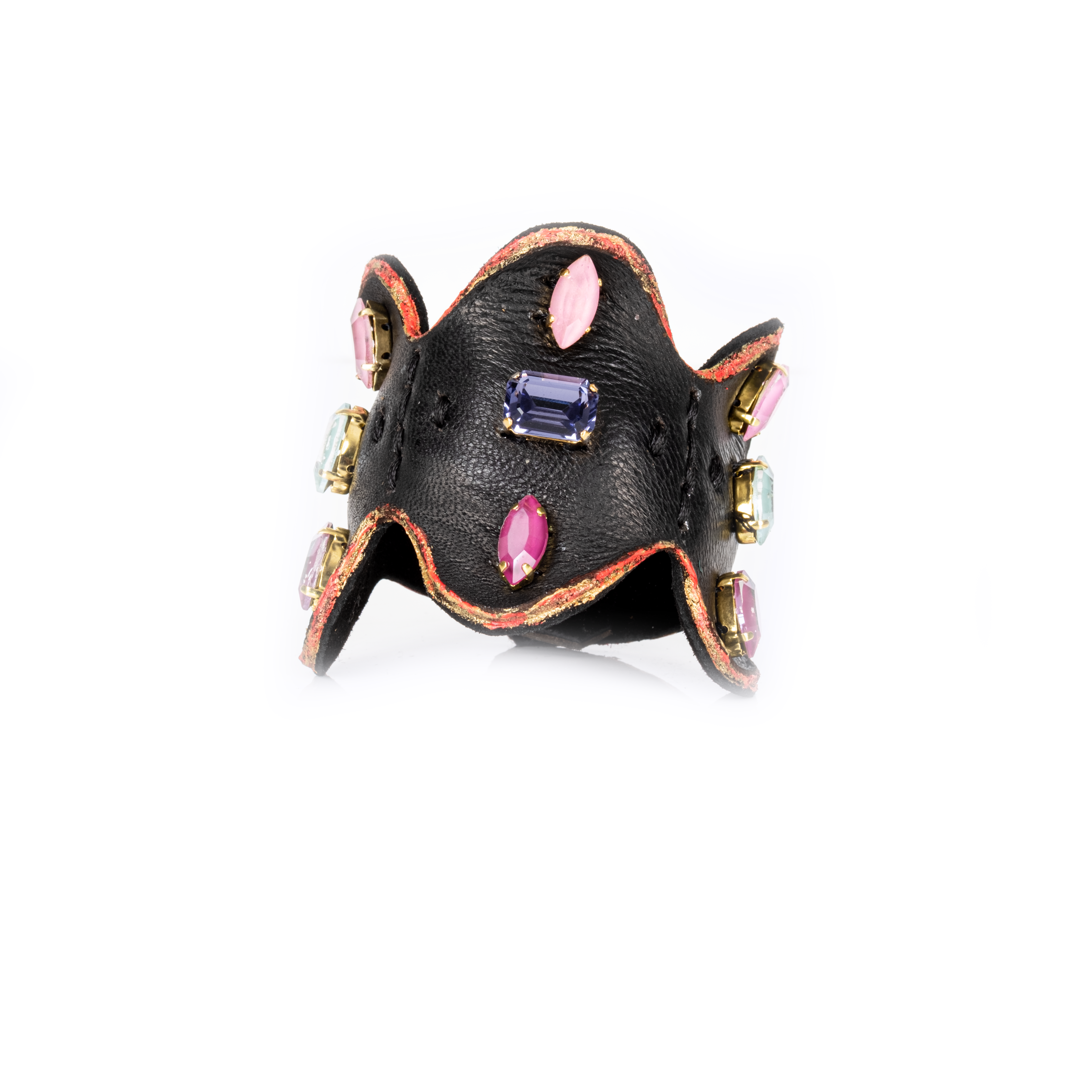 Black leather butterfly cuff bracelet with multicolor crystals and pink accents, sculptural statement bracelet for women