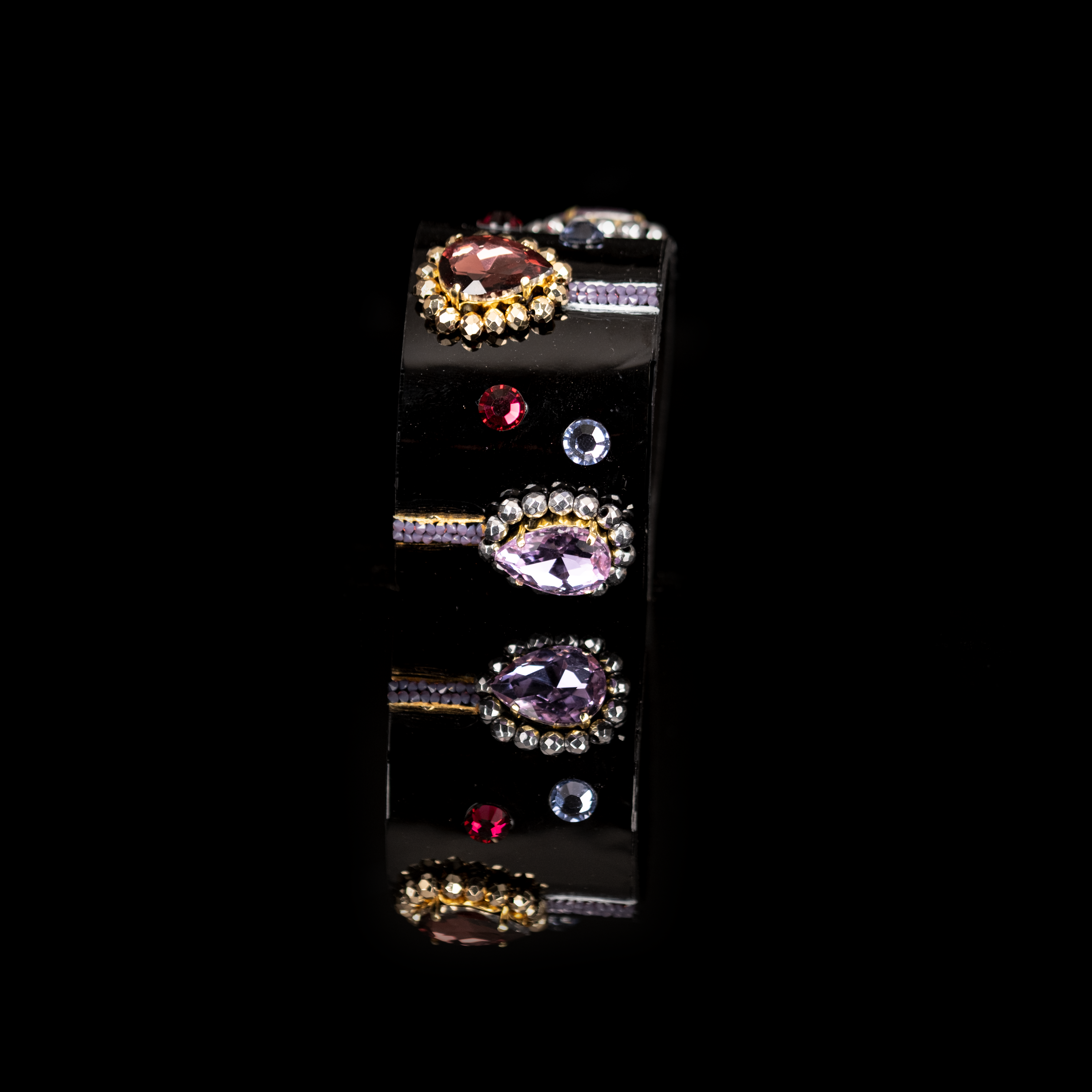 Black leather cuff bracelet with multicolor crystals and oval faceted stones, gold embellished wide statement bracelet for women
