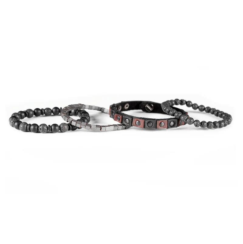 Triple Layer Black Lava Stone & Leather Bracelet Set for Men