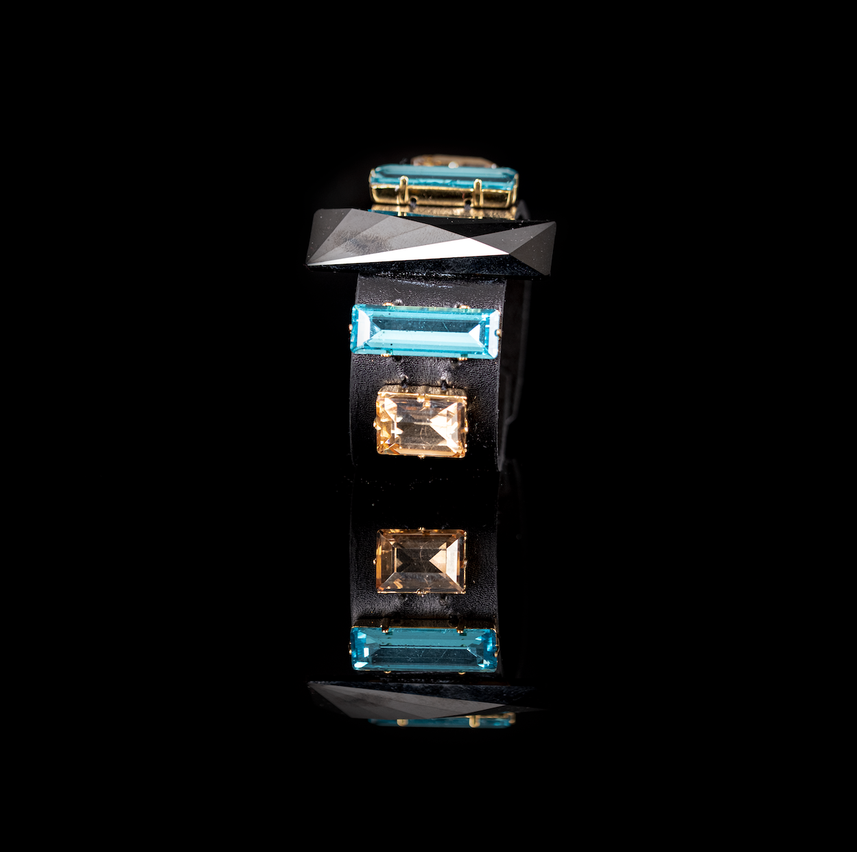Black Leather Cuff with Blue & Champagne Crystals