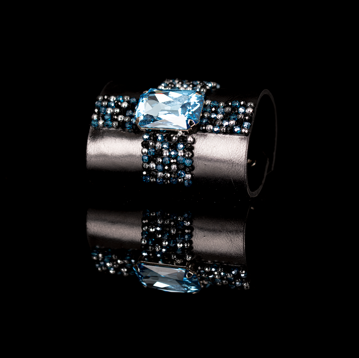 Black Leather Crystal Cuff Bracelet Ice Blue Cross Stone