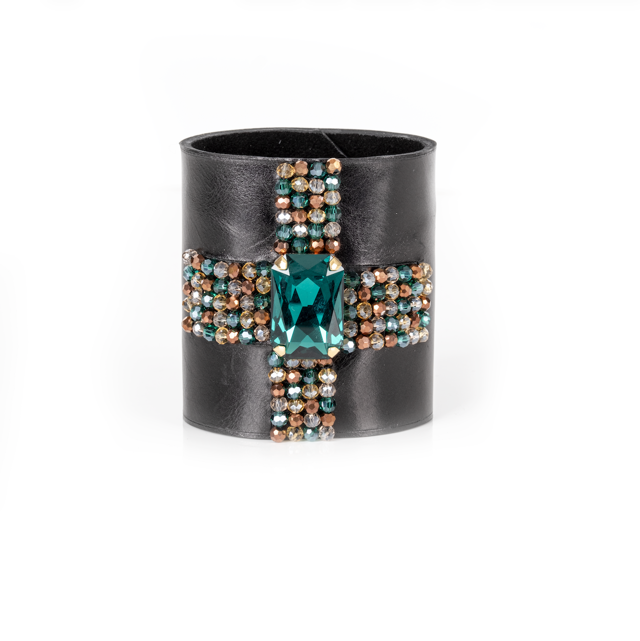 Emerald Crystal Leather Cuff Bracelet Bronze & Teal Beaded