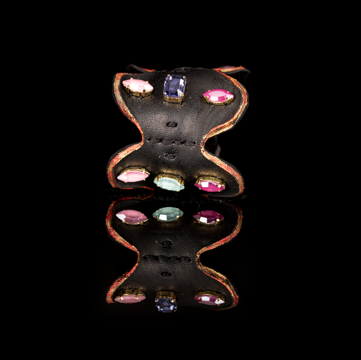 Black leather butterfly cuff bracelet with multicolor crystals and pink accents, sculptural statement bracelet for women