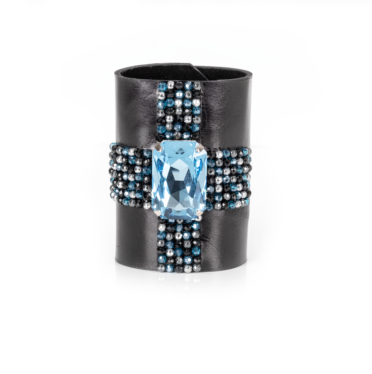 Black Leather Crystal Cuff Bracelet Ice Blue Cross Stone