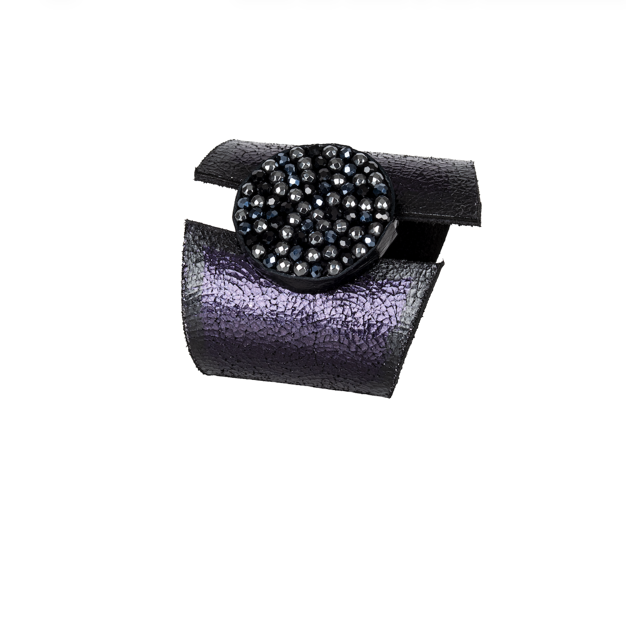 Purple metallic leather cuff bracelet with black crystal stud circle centerpiece, handmade statement bracelet by THE DARK