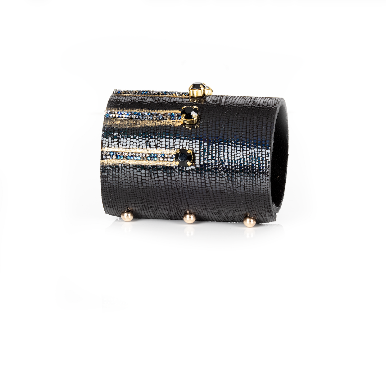 Black lizard leather cuff bracelet with gold crystal bars and blue crystal accents, handmade statement bracelet by THE DARK