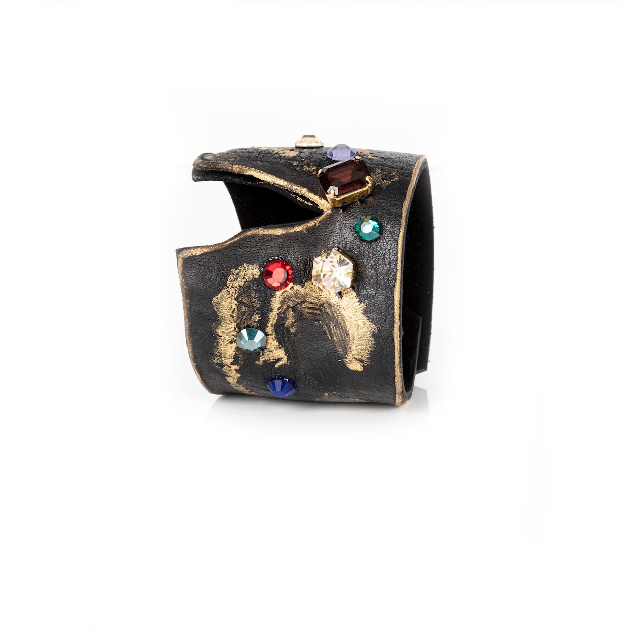 Black leather cuff with gold brushstroke finish and multicolor crystal embellishments, artistic statement bracelet
