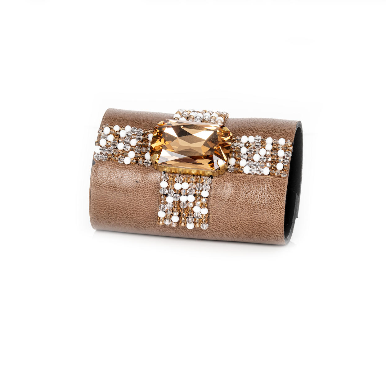 Taupe leather cuff bracelet with champagne crystal centerpiece and white beaded grid detail