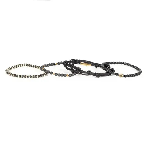 Black & Gold Layered Men’s Bracelet Set Lava Stone Rope Wrap & Matte Bead Stack