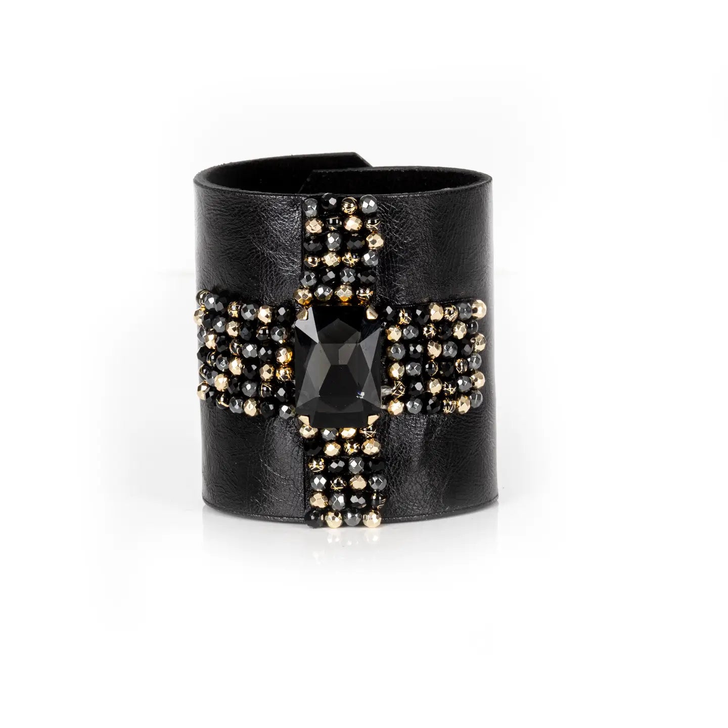 Crystal Ribbon Leather Cuff Bracelet Black & Smoky Obsidian