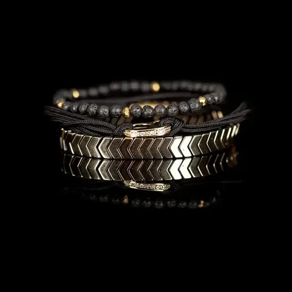 Black & Gold Layered Men’s Bracelet Lava Stone Rope Wrap with Chevron Bar Detail