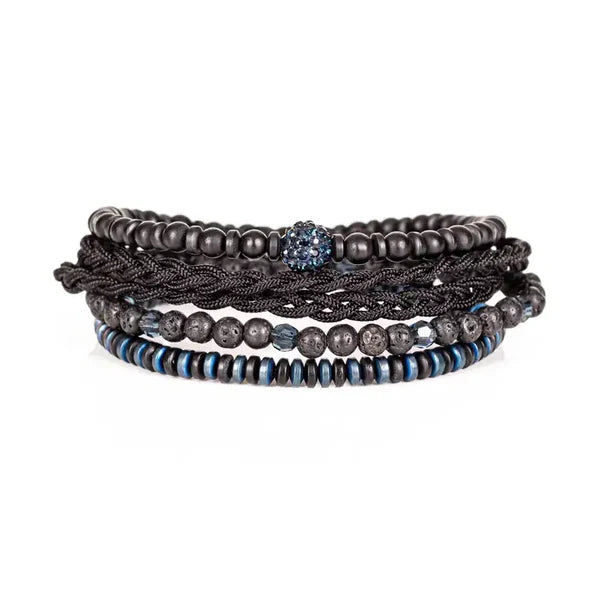 Black & Blue Multi Layer Bracelet with Crystal Accent Lava Stone Rope & Hematite Stack