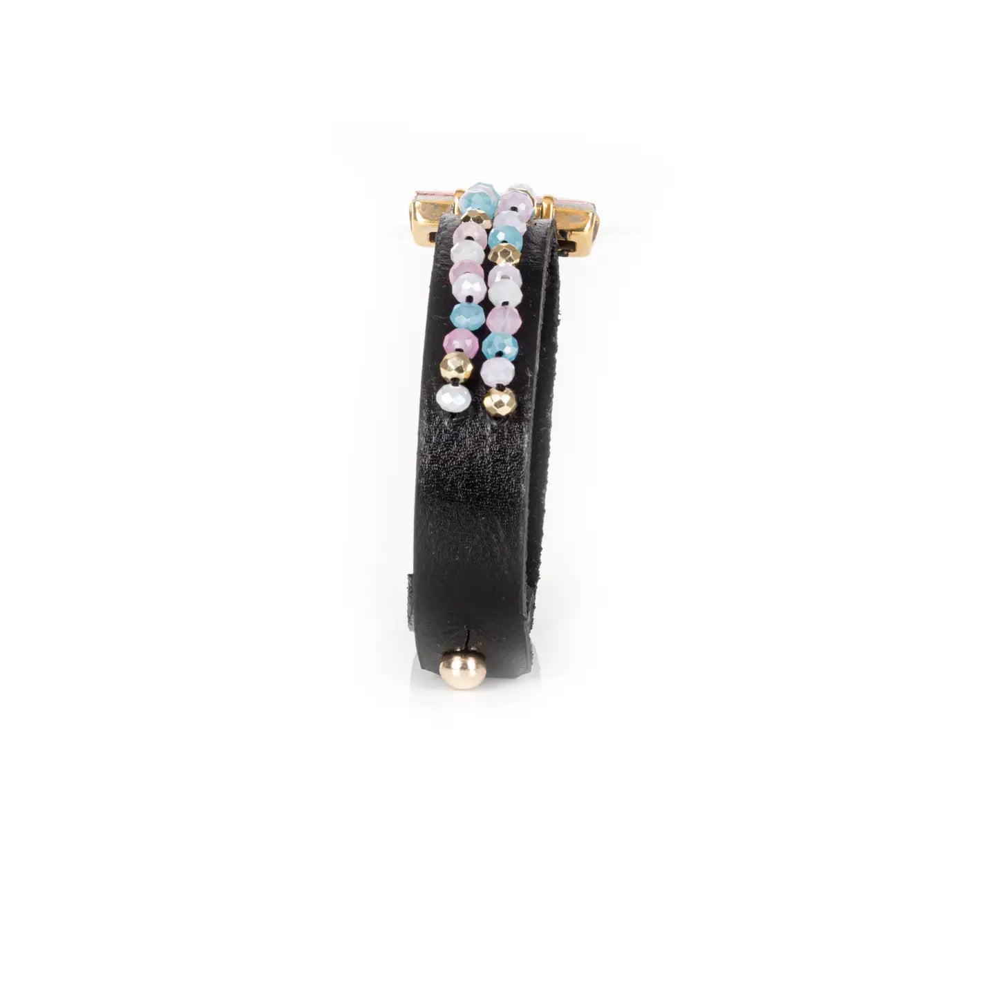Black Leather Cuff with Blush Crystal Bar and Pastel Bead