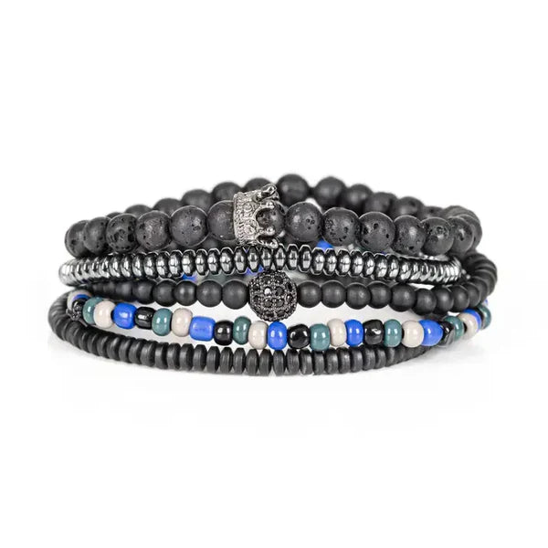 Black Multi Layer Bracelet with Crown Accent Lava Stone Hematite & Blue Beaded Stack