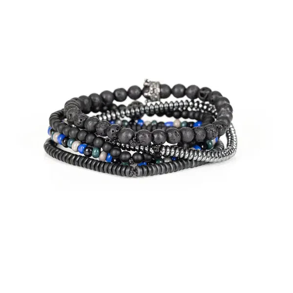 Black Multi Layer Bracelet with Crown Accent Lava Stone Hematite & Blue Beaded Stack