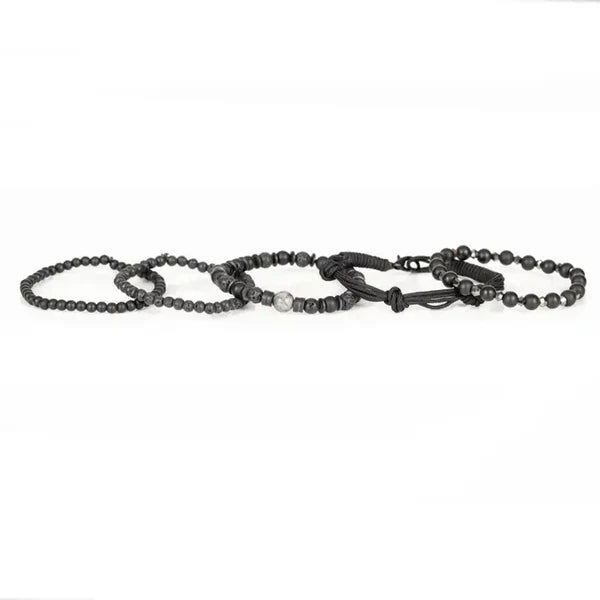 Black Lava Stone Men’s Bracelet Set Matte Beads Rope Wrap & Layered Stack