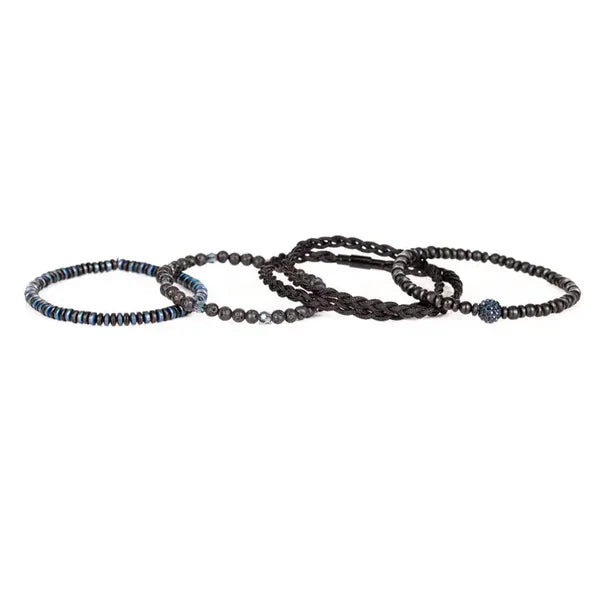 Black & Blue Multi Layer Bracelet with Crystal Accent Lava Stone Rope & Hematite Stack