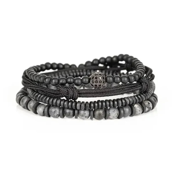 Black & Gray Layered Men’s Bracelet Set Matte Beads Rope Wrap & Stone Stack