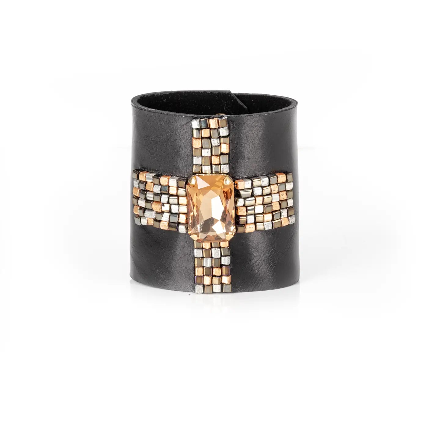 Champagne Crystal Leather Cuff Bracelet Bronze & Silver