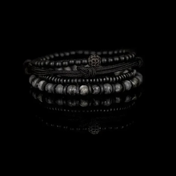 Black & Gray Layered Men’s Bracelet Set Matte Beads Rope Wrap & Stone Stack