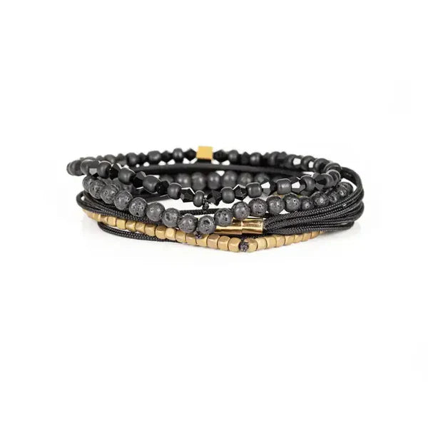 Black & Gold Layered Men’s Bracelet Set Lava Stone Rope Wrap & Geometric Bead Stack