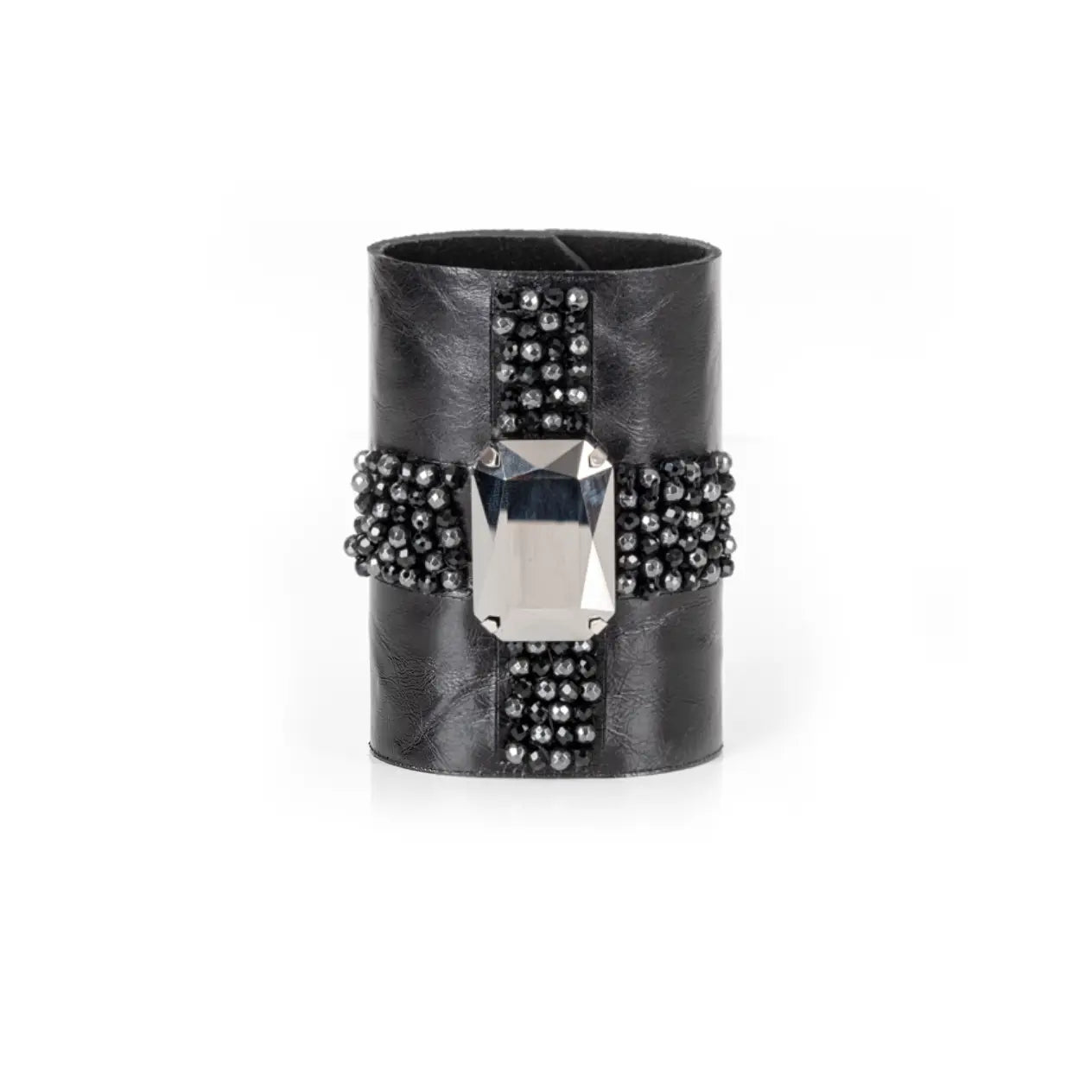 Black Leather Crystal Cuff Bracelet Gunmetal Cross Stone