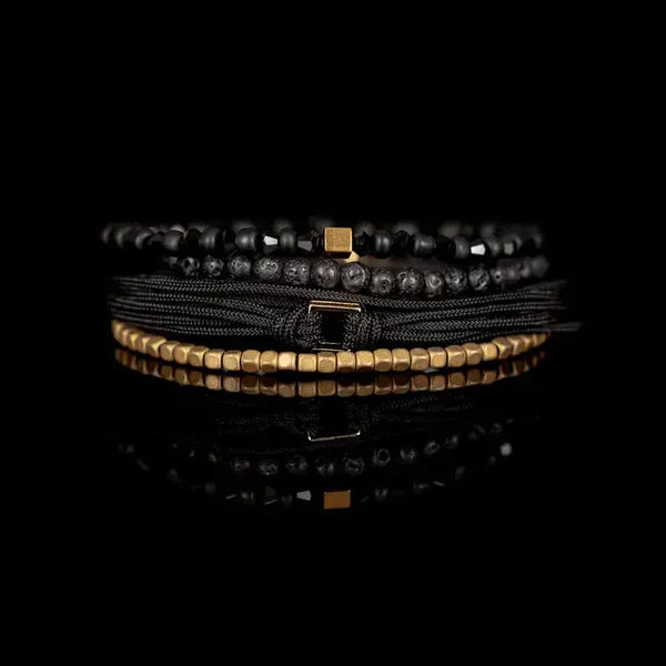 Black & Gold Layered Men’s Bracelet Set Lava Stone Rope Wrap & Geometric Bead Stack
