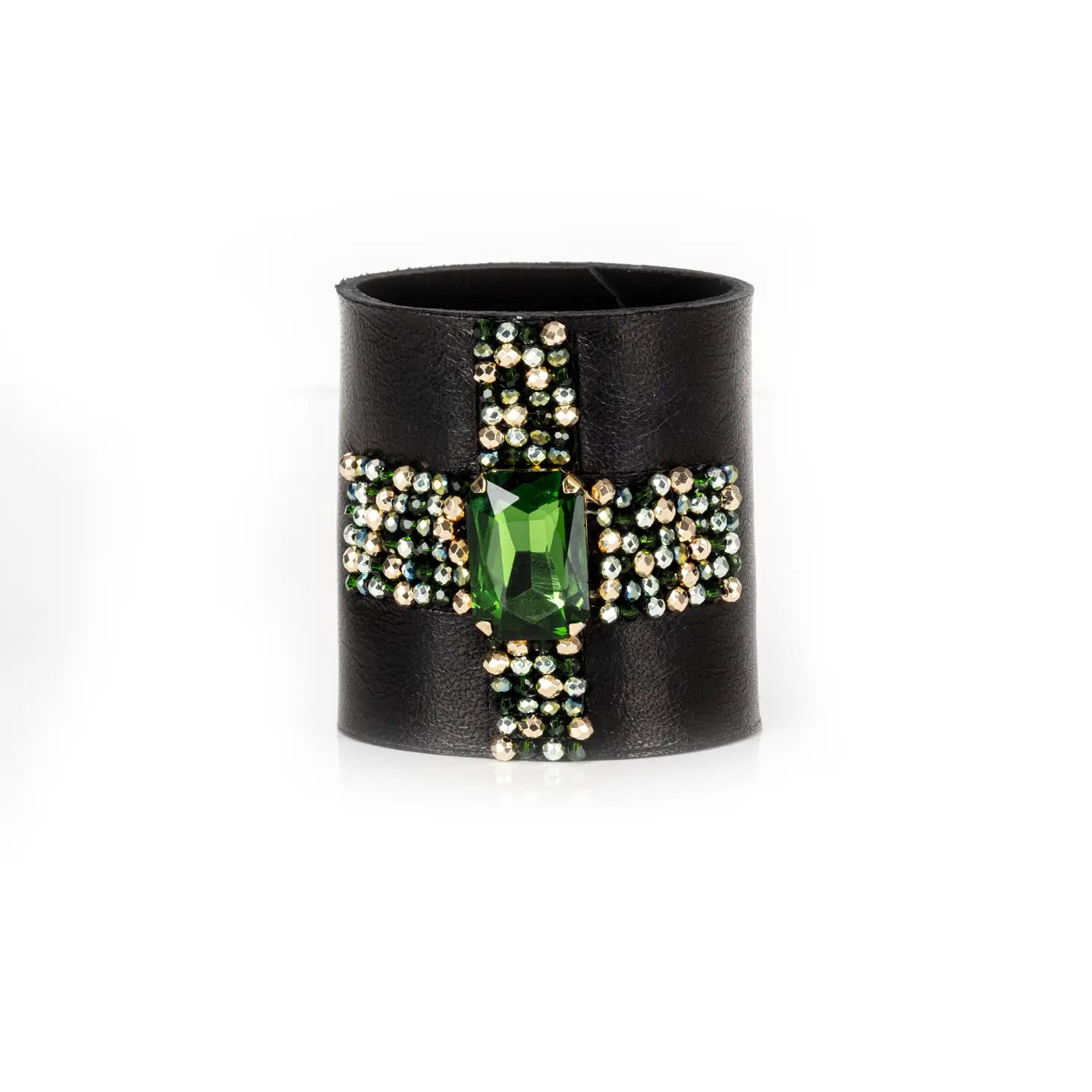 Crystal Ribbon Leather Cuff Bracelet Black & Emerald Spark