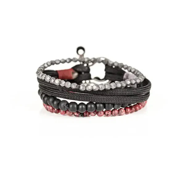 Black & Red Multi Layer Bracelet with Hook Clasp Hematite Matte Onyx & Natural Stone Stack