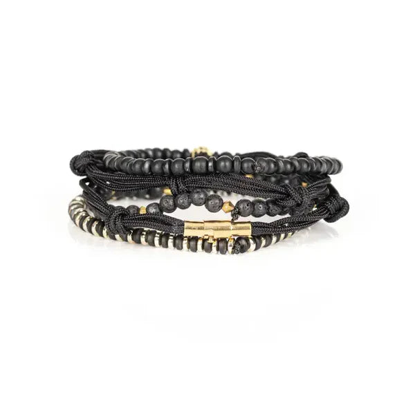 Black & Gold Layered Men’s Bracelet Set Lava Stone Rope Wrap & Matte Bead Stack