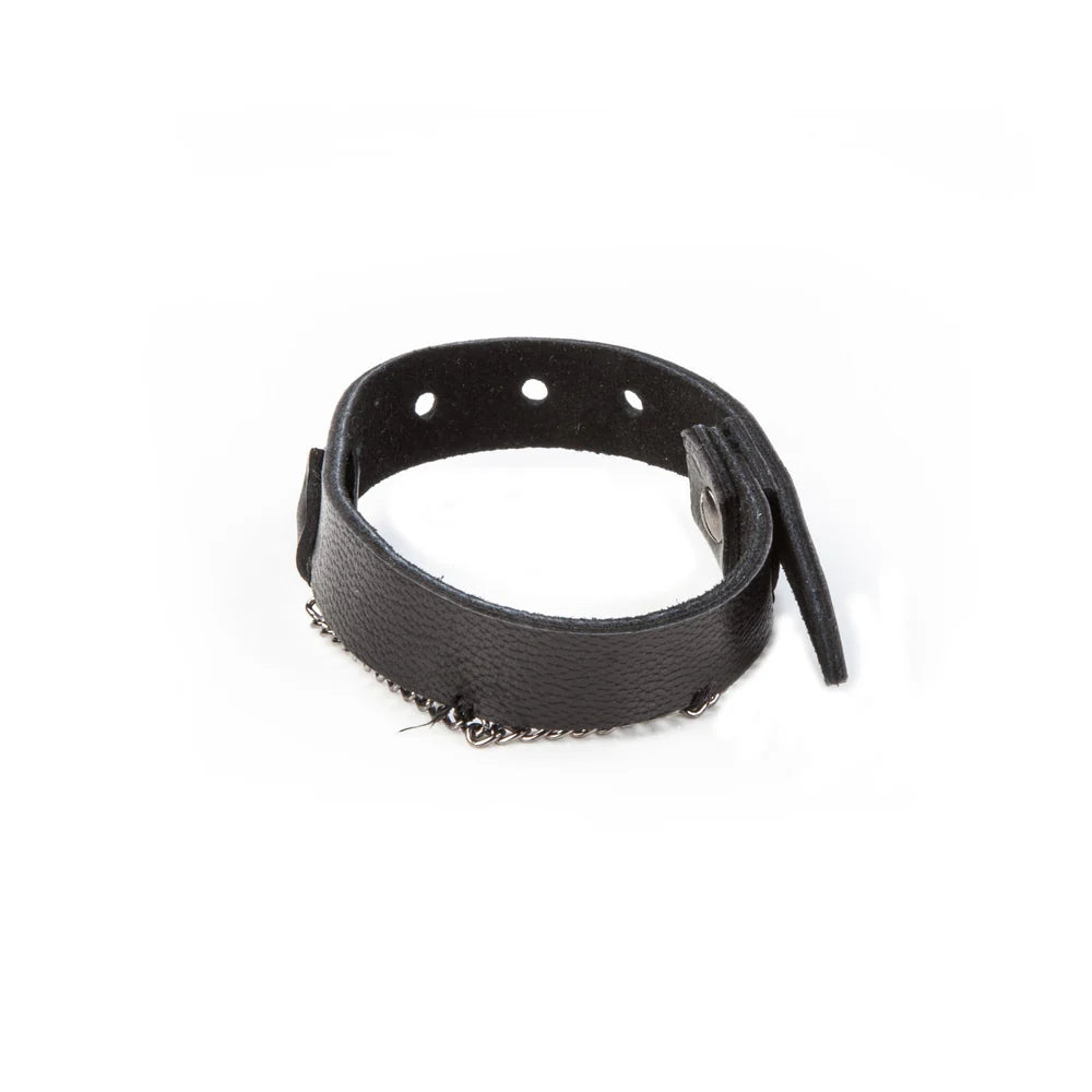 Men's black genuine leather cuff bracelet featuring a minimalist wide-band design with a gunmetal chain accent and snap-button closure, combining rugged style with modern sophistication.