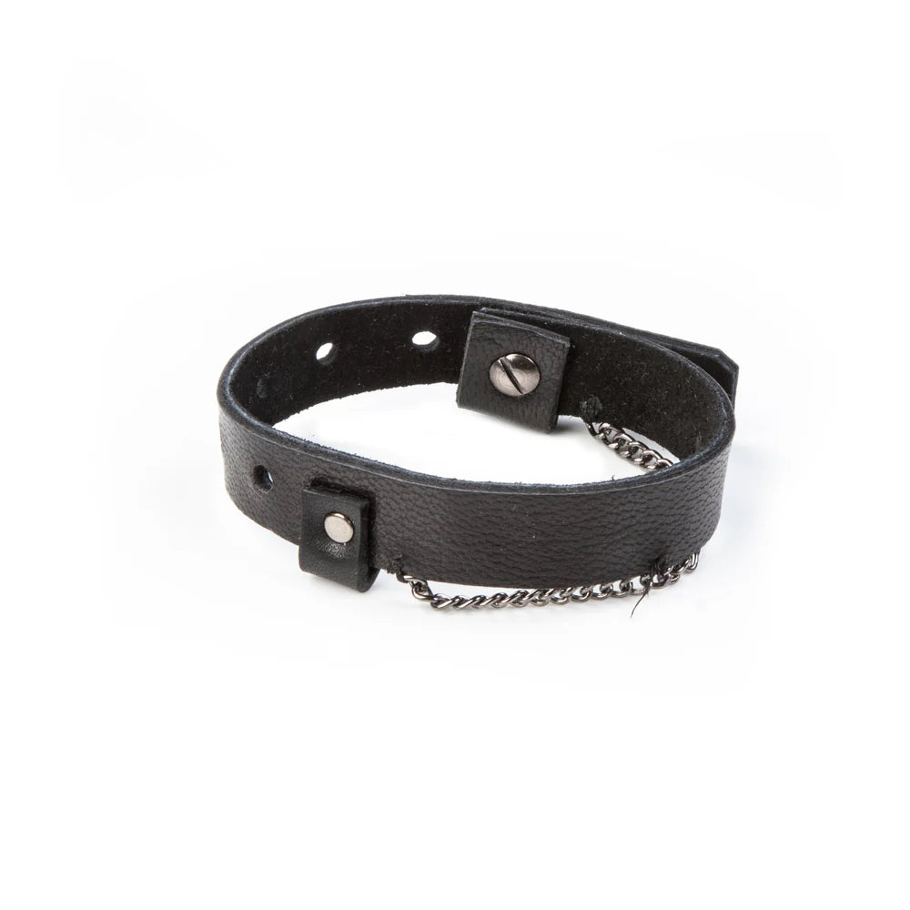 Men's black genuine leather cuff bracelet featuring a minimalist wide-band design with a gunmetal chain accent and snap-button closure, combining rugged style with modern sophistication.