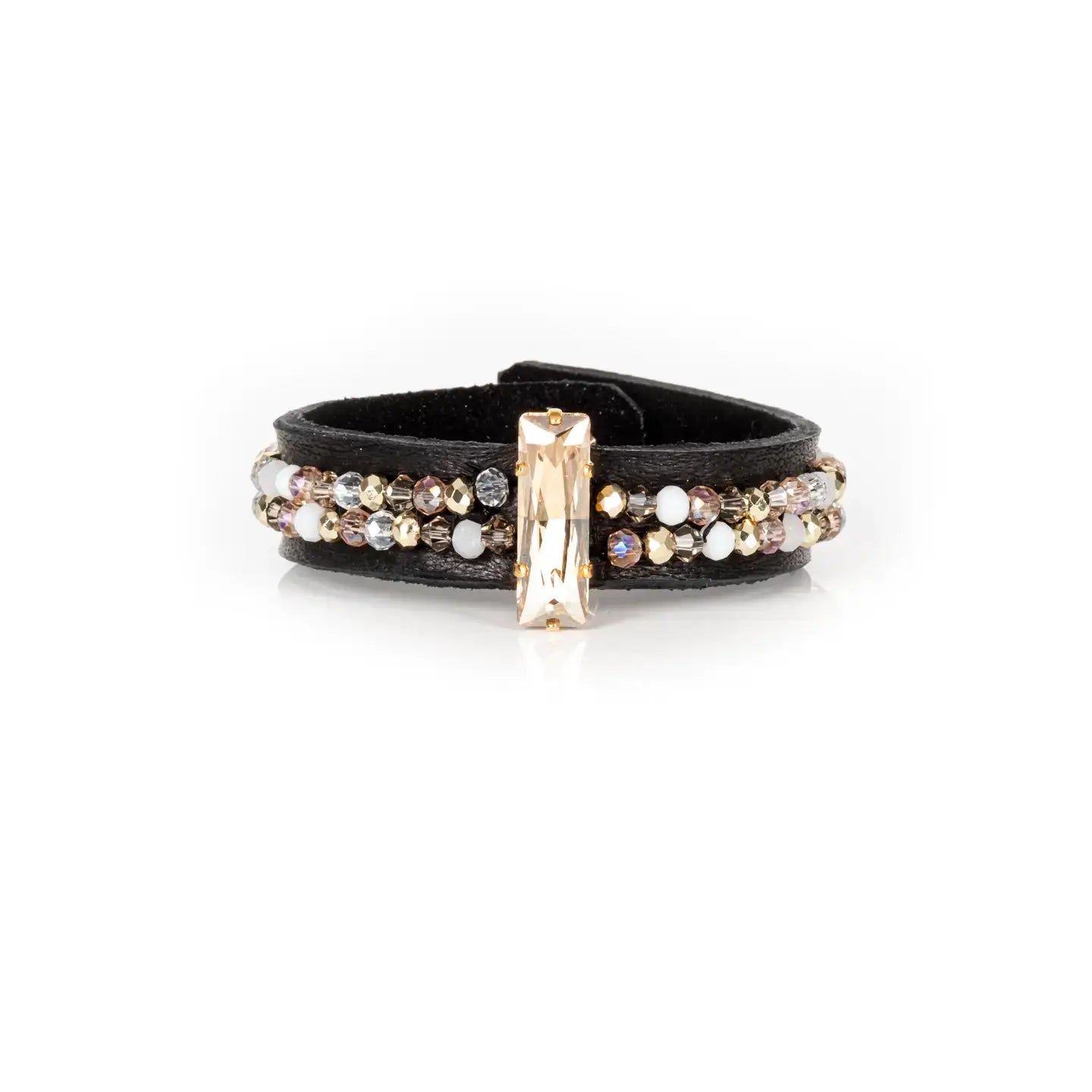 Black Leather Cuff with Champagne Crystal Bar and Vertical