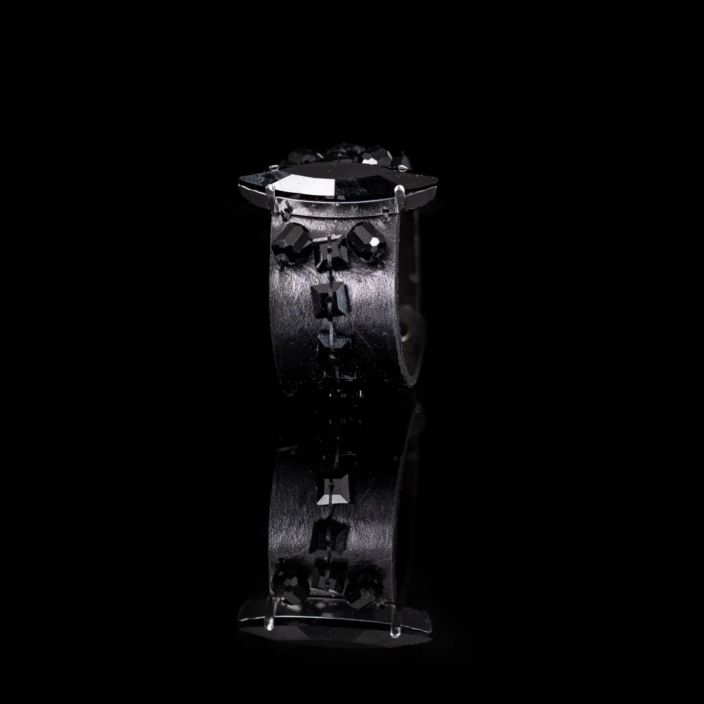 Black Leather Cuff with Faceted Black Crystals