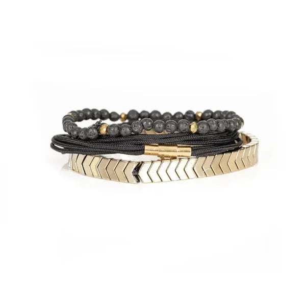 Black & Gold Layered Men’s Bracelet Lava Stone Rope Wrap with Chevron Bar Detail
