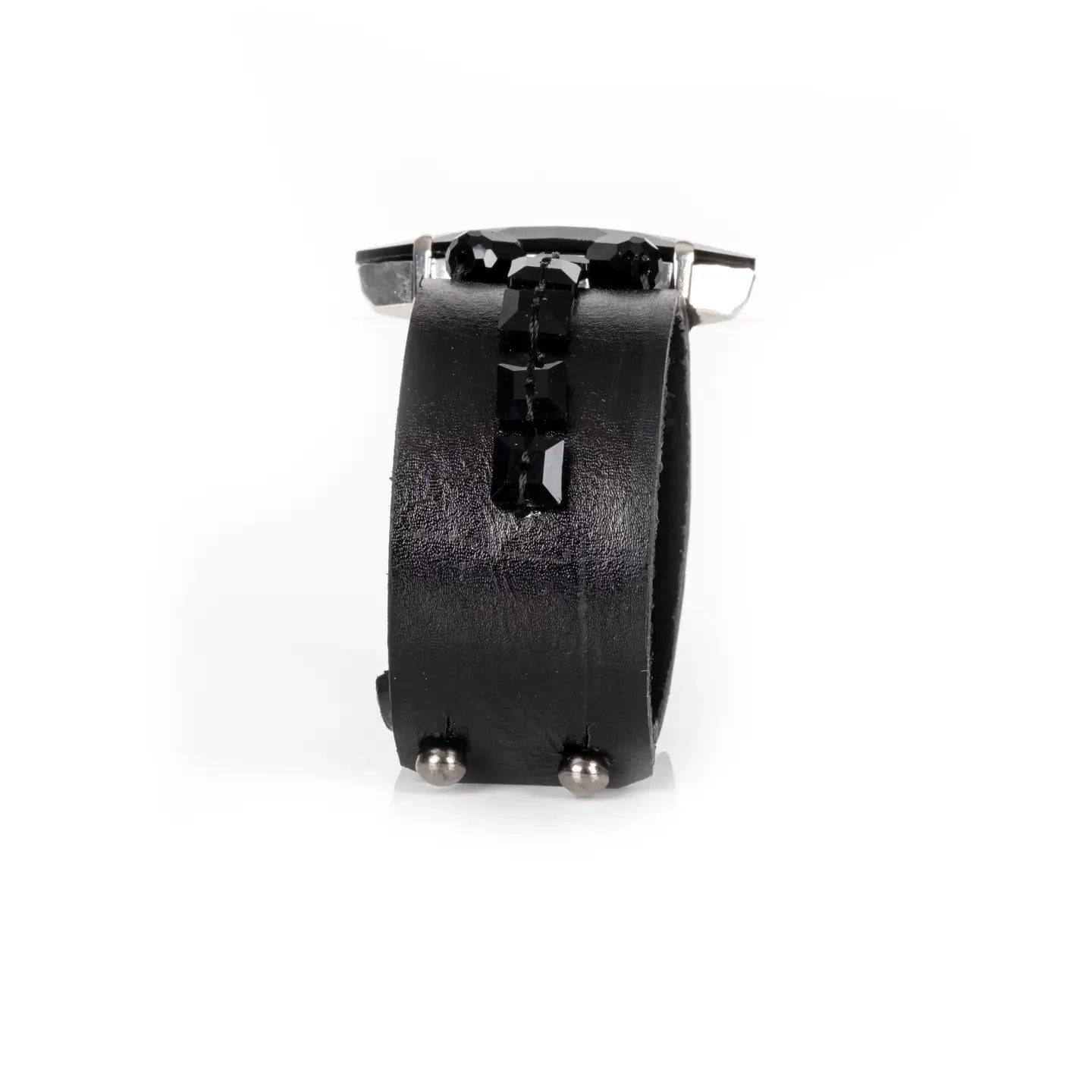 Black Leather Cuff with Faceted Black Crystals