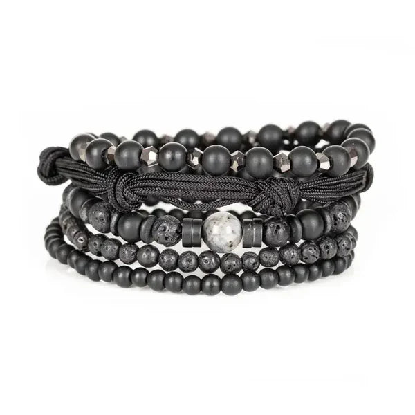 Black Lava Stone Men’s Bracelet Set Matte Beads Rope Wrap & Layered Stack