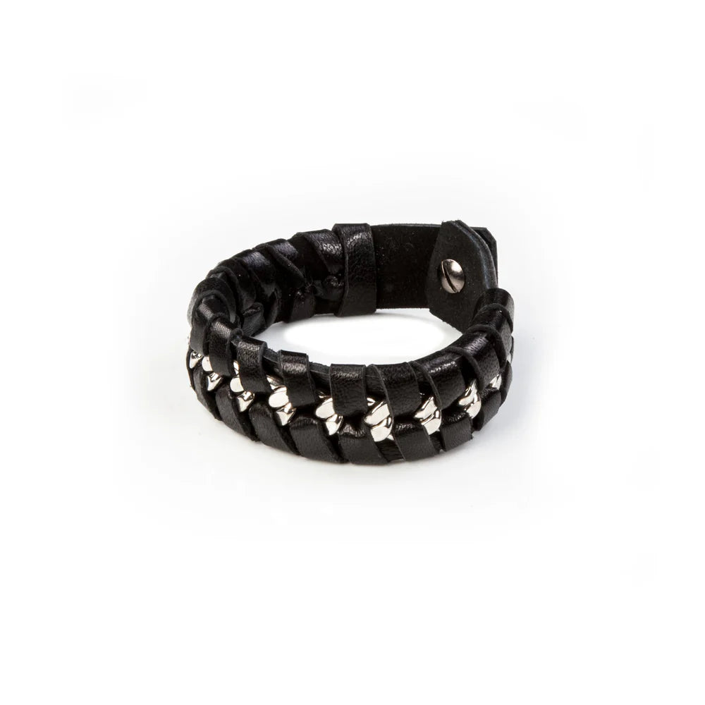 Men's black braided leather bracelet featuring an interwoven silver-tone chain accent, wide cuff design, and magnetic clasp closure for a bold contemporary luxury look.