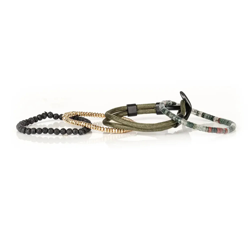Layered men’s bracelet set featuring green cord with a black anchor clasp, lava stone beads, gold-tone crystal beads, and natural stone heishi beads in earthy green and gray tones, displayed on a white background.
