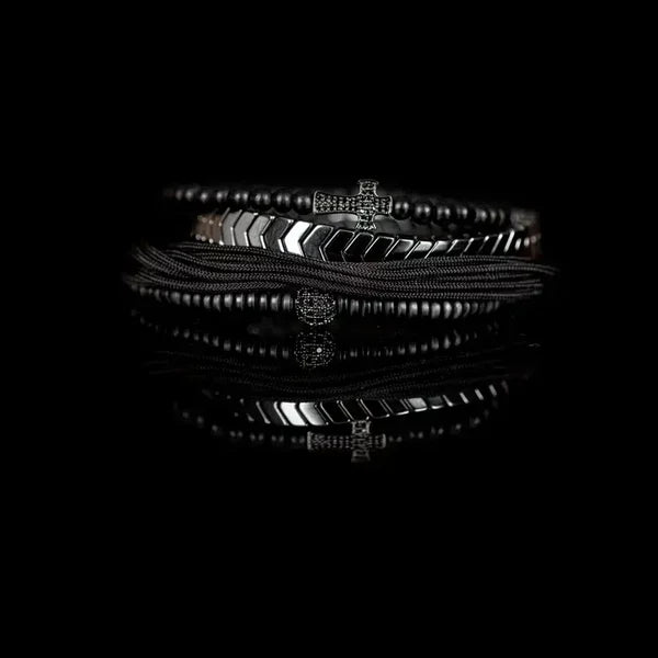 Black & Silver Cross Men’s Bracelet Set Chevron Bar Matte Beads & Rope Wrap Stack