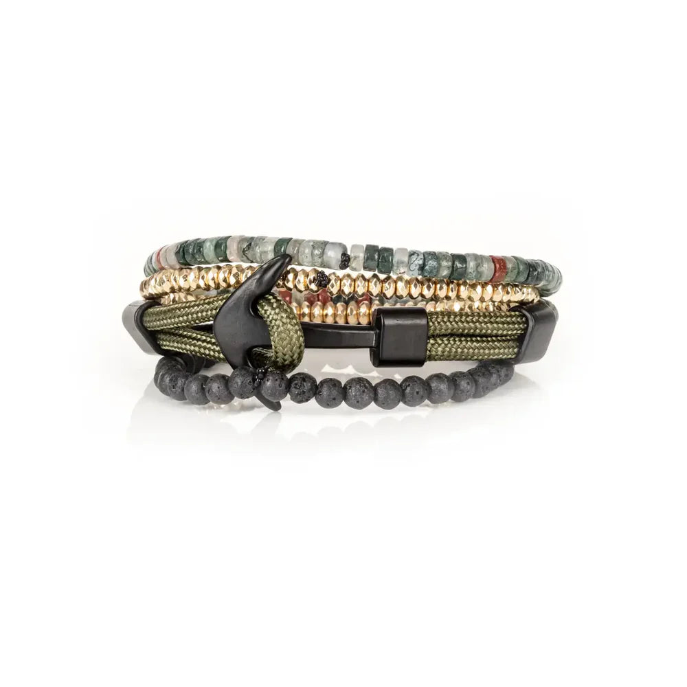 Layered men’s bracelet set featuring green cord with a black anchor clasp, lava stone beads, gold-tone crystal beads, and natural stone heishi beads in earthy green and gray tones, displayed on a white background.